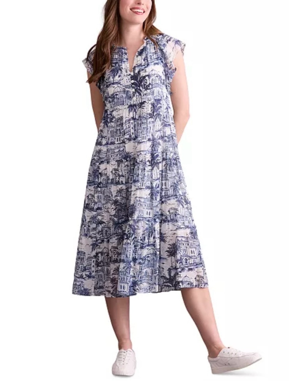 London Times Flutter Sleeve Scenic Print Tiered Midi Dress; NWT, Sz. S